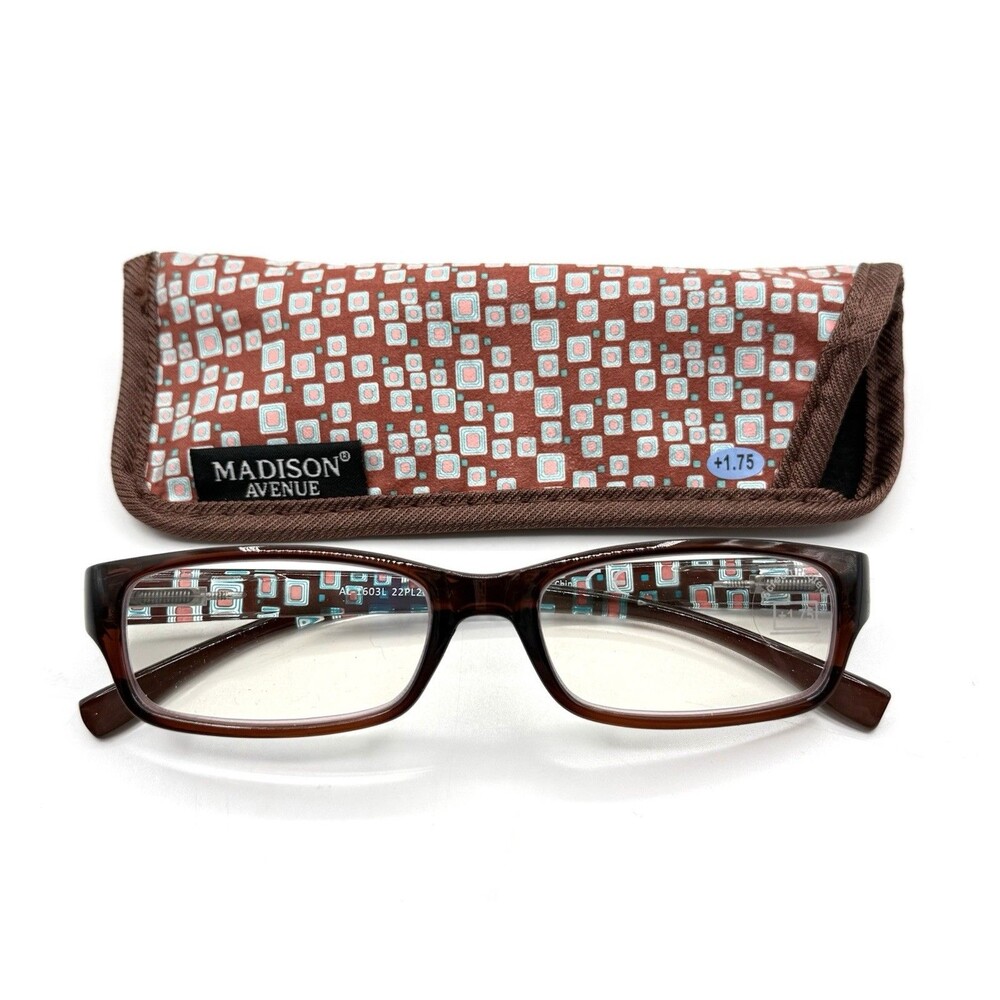 Madison Avenue +1.75 Adult Reading Glasses With Blue Blocker, Case Patterned NEW